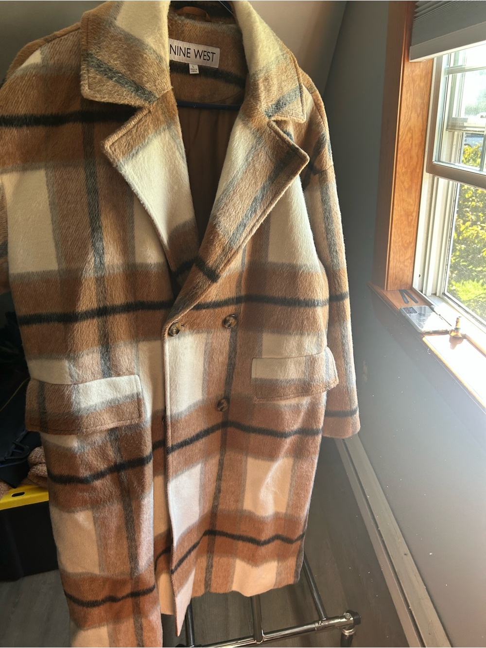 Nine West Tan & Cream Plaid Wool-Blend Pea Coat - Picture 2 of 2